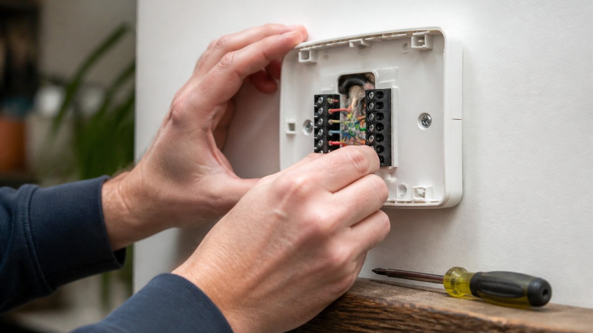 Homeowner checking wire connections during a smart thermostat installation using a screwdriver